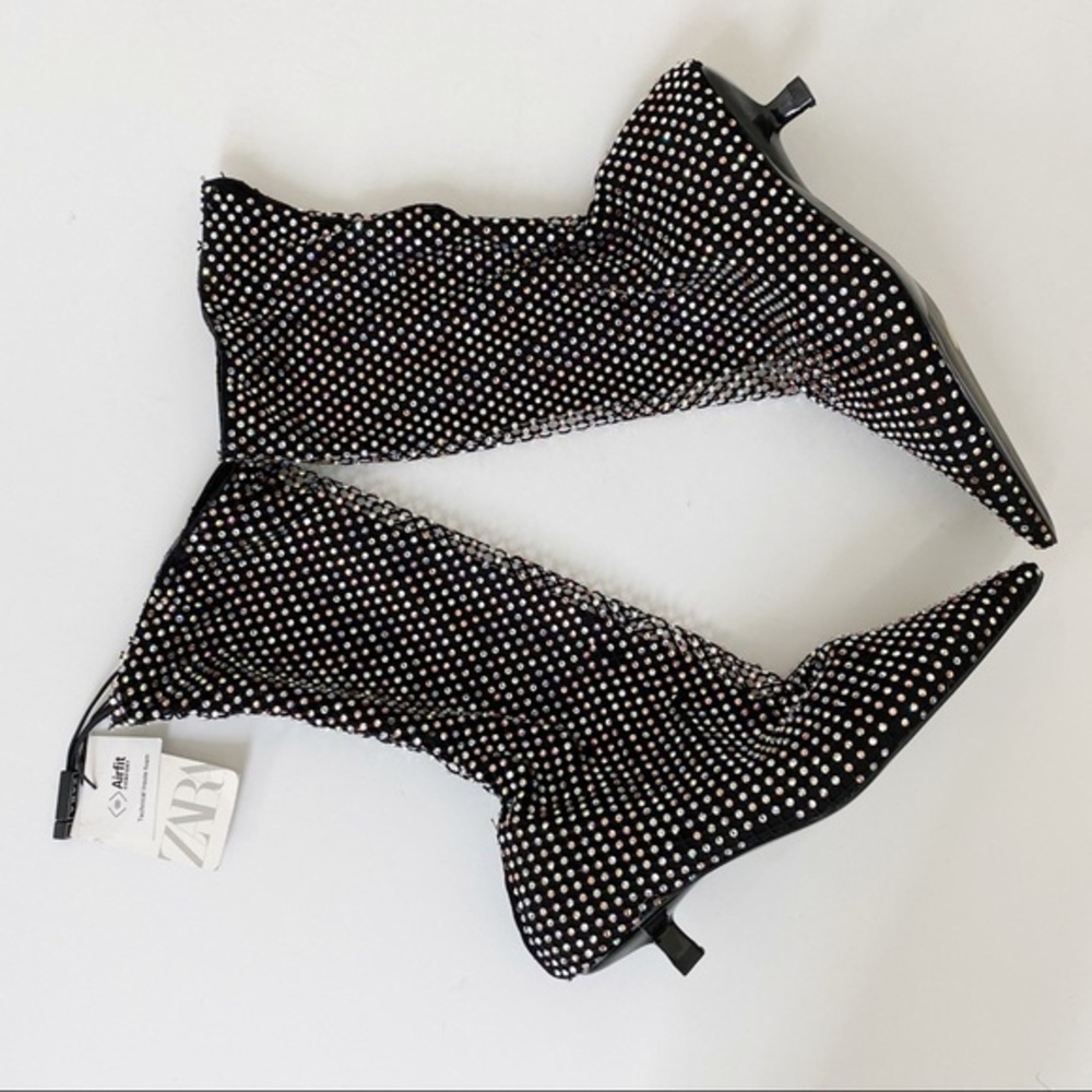 NWT Zara rhinestone black kitten heels ankle boots.